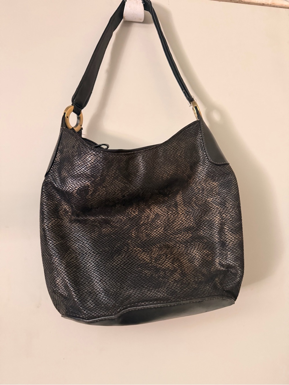 Black Textured Shoulder Hobo Bag with Gold Ring Detail